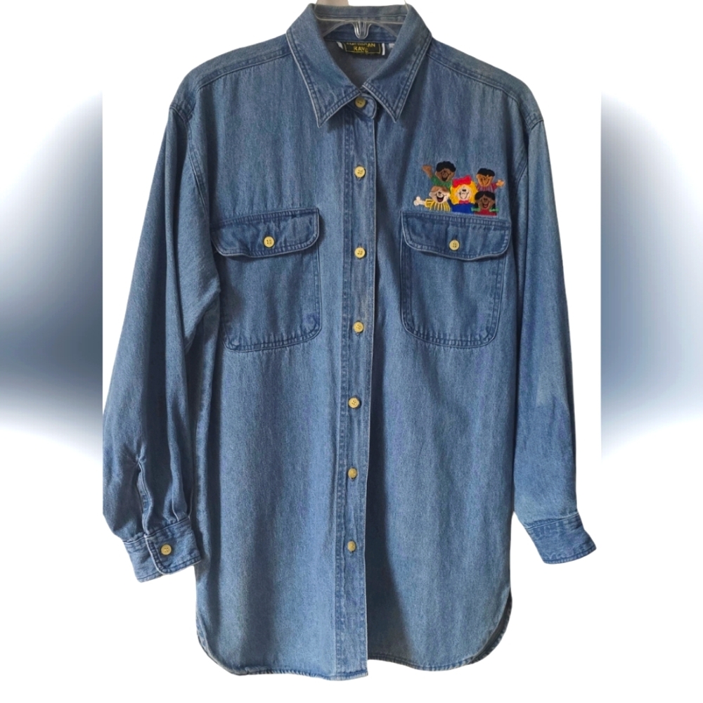 Vintage American Rave Ladies Denim Embroidered Shirt Size S